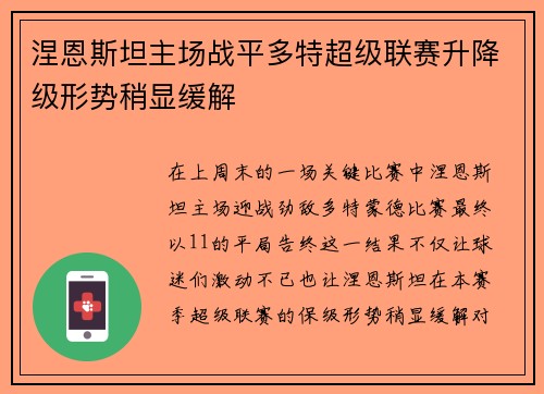 涅恩斯坦主场战平多特超级联赛升降级形势稍显缓解