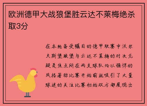 欧洲德甲大战狼堡胜云达不莱梅绝杀取3分