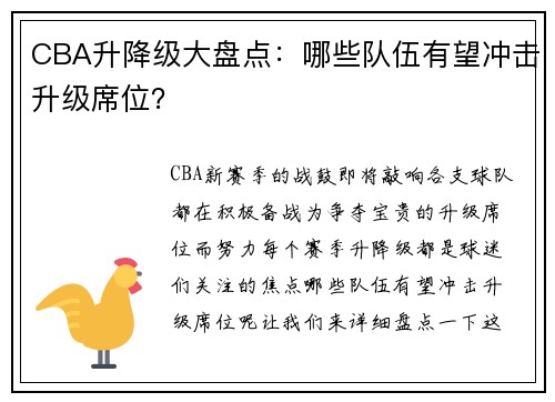 CBA升降级大盘点：哪些队伍有望冲击升级席位？